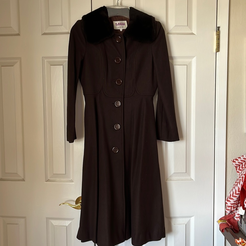 Lolli Women's Dark Brown Long Wool Coat with Fur Collar